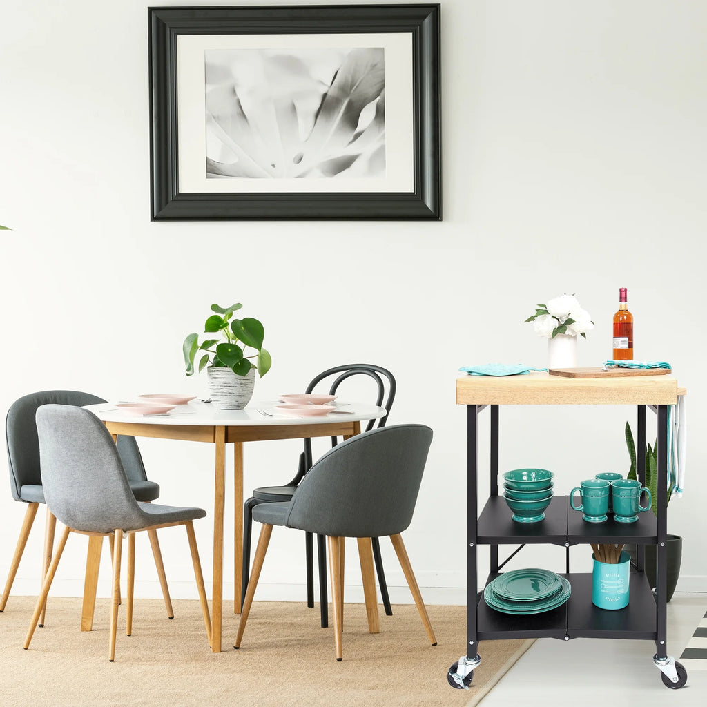 Origami Foldable Wheeled Portable Solid Wood Top Kitchen Island Bar Cart