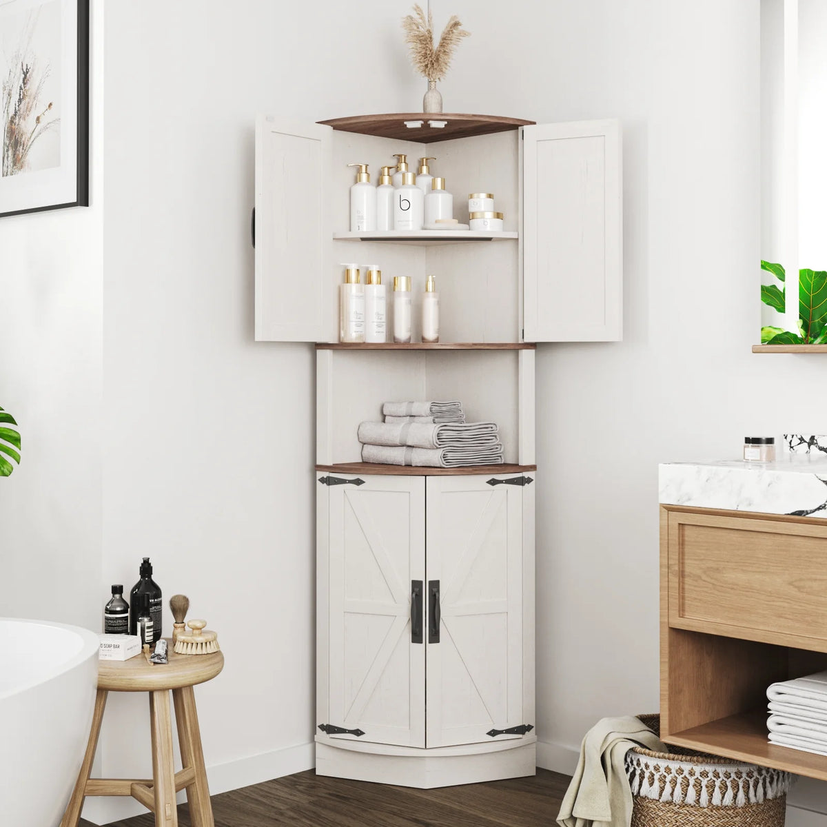 Vabches Farmhouse 64.8'' Tall Corner Cabinet with 4 Doors and 5 Storage Shelves for Kitchen, Living Room, White