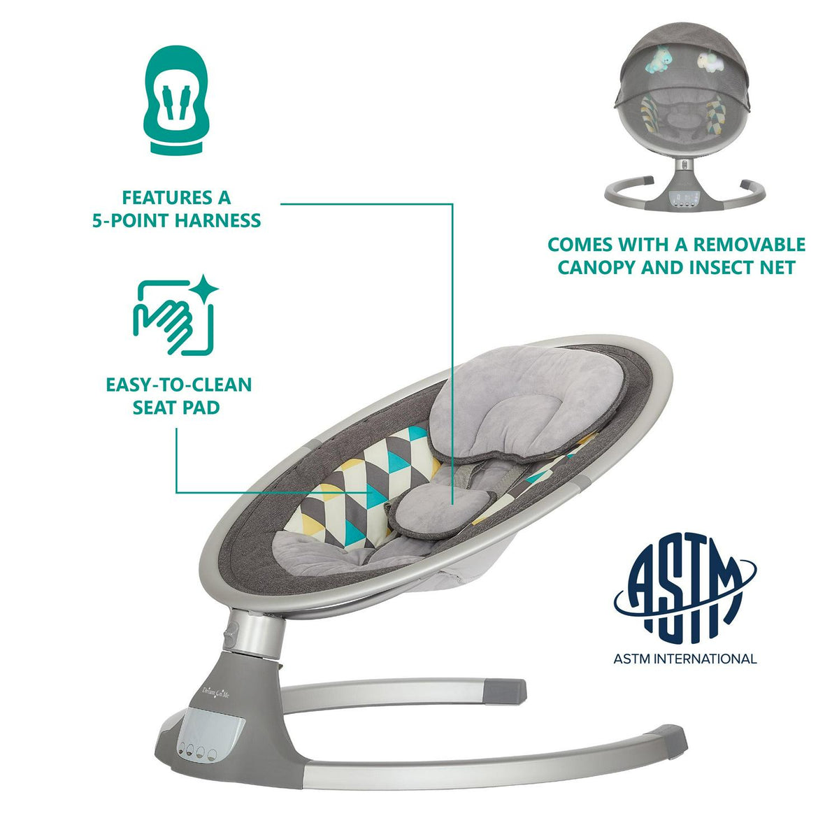 Dream On Me Zazu Baby Swing. Baby Swing for Infant. 5 - Swinging Speed. Two Attached Toys. Bluetooth Enabled and Remote Control. Grey and Blue