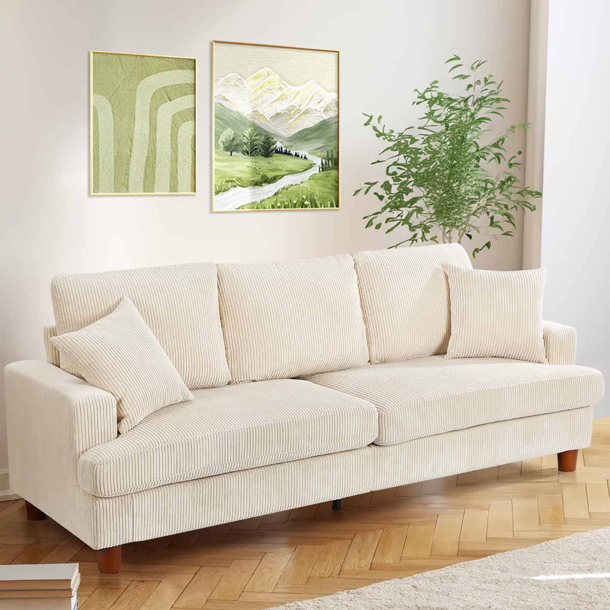 87" Corduroy Sofa,3 Seater Sofa with Extra Deep Seats,Neche Comfy Upholstered Couch for Living Room,2 Pillows,Green
