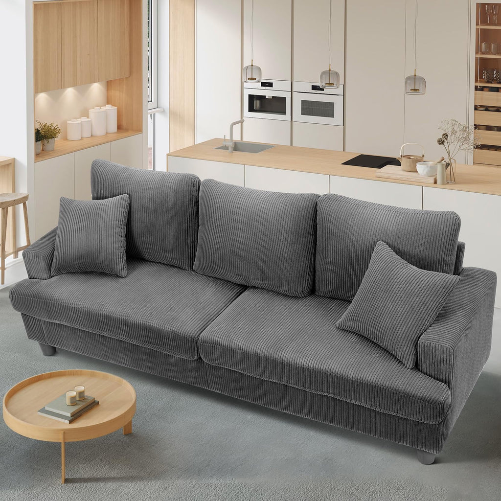 87" Corduroy Sofa,3 Seater Sofa with Extra Deep Seats,Neche Comfy Upholstered Couch for Living Room,2 Pillows,Green