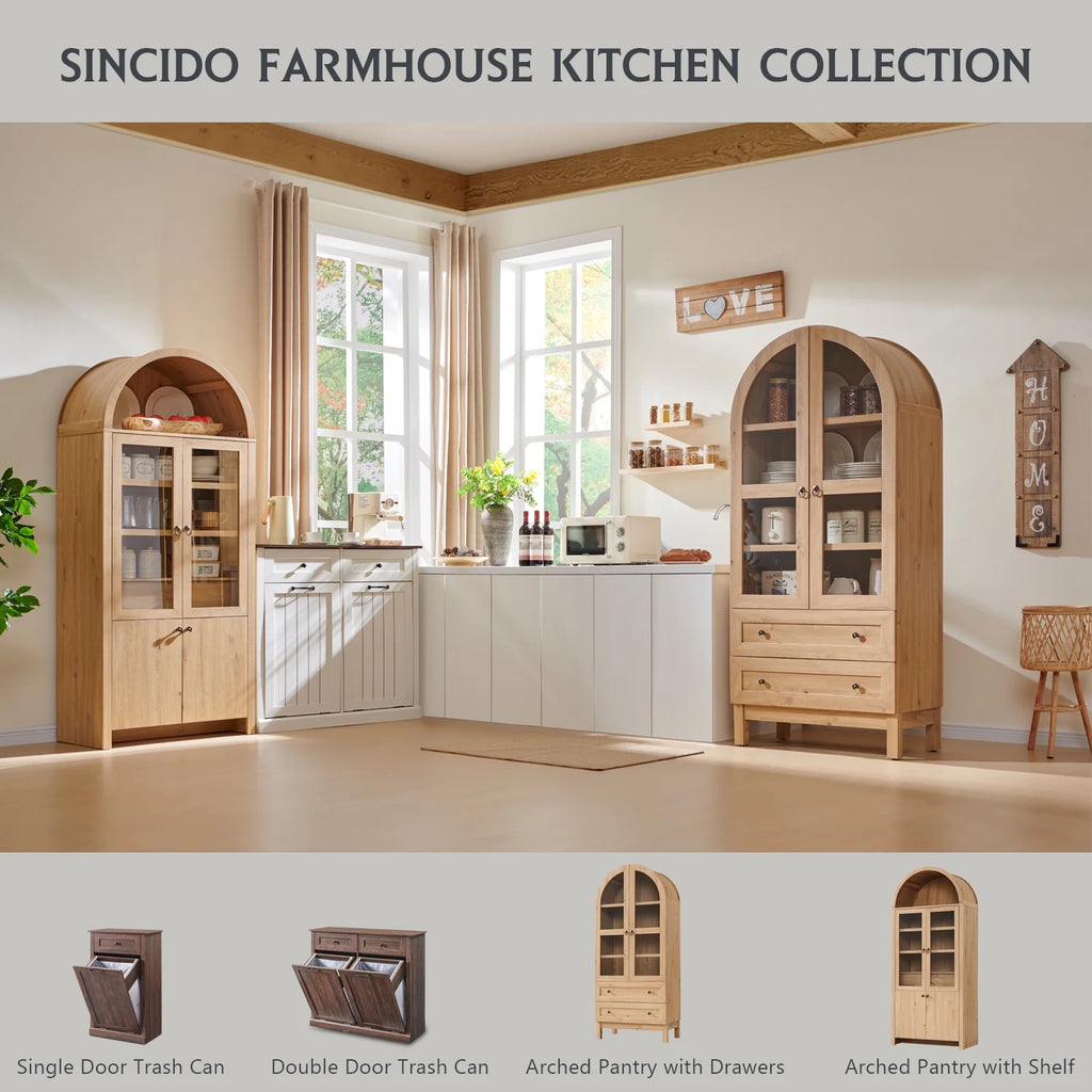SinCiDo Arched Kitchen Pantry Storage Cabinet, 71-Inch Tall Wood Adjustable Shelves, 2 Doors, 2 Drawers