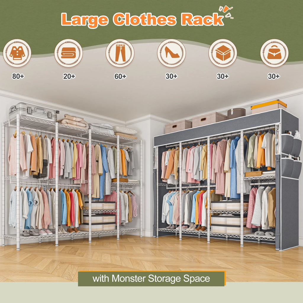 EnHomee 76"W Clothes Rack with Cover,1100LBS Heavy Duty Wardrobe Closet Organizer,Adjustable Portable Closet��Black