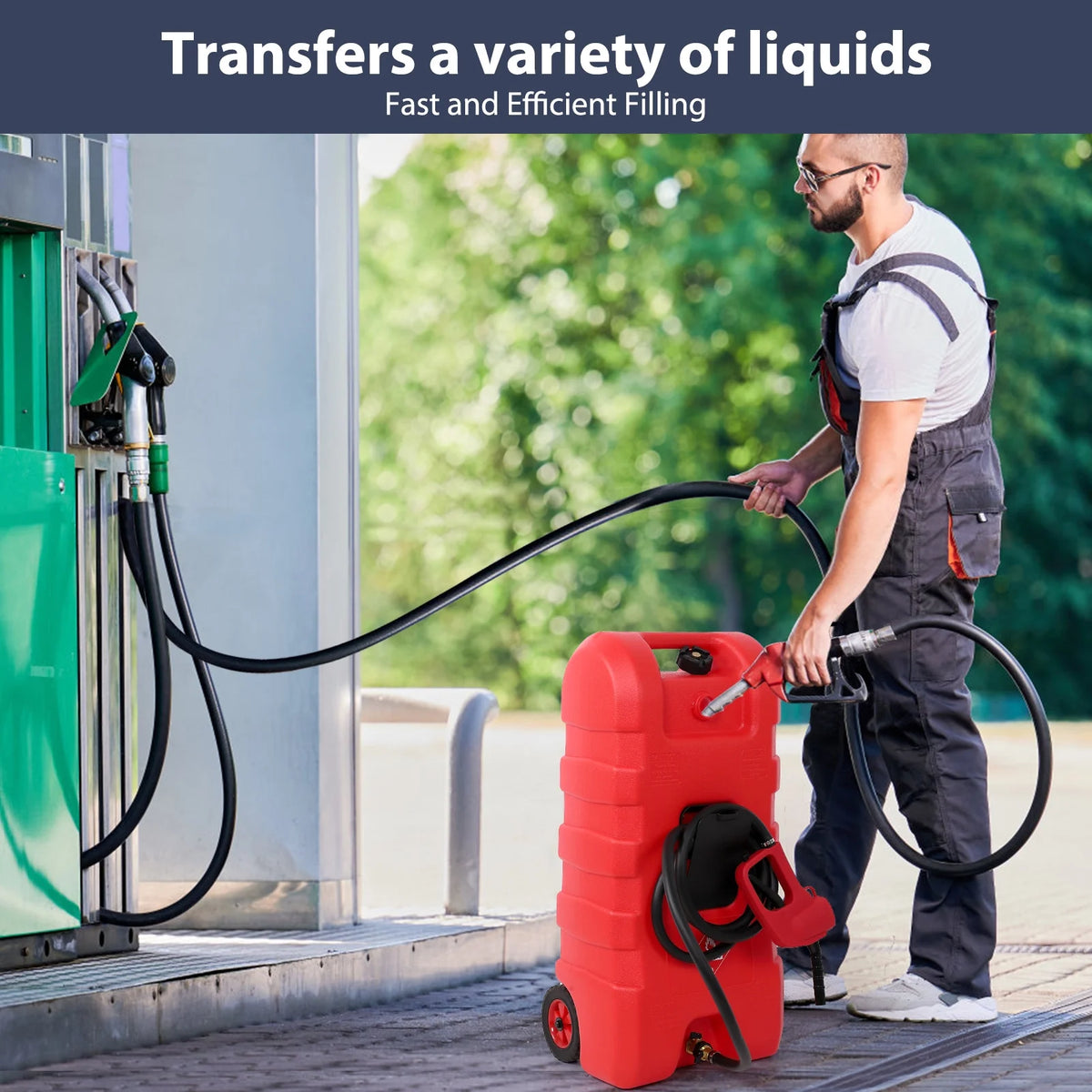 15 Gallon Fuel Caddy, Portable Gas Fuel Tank Container with LE Fluid Transfer Siphon Pump and 10ft. Delivery Hose, Diesel Storage Can On-Wheels for Cars, Lawn Mowers, ATVs, Boats, Gray