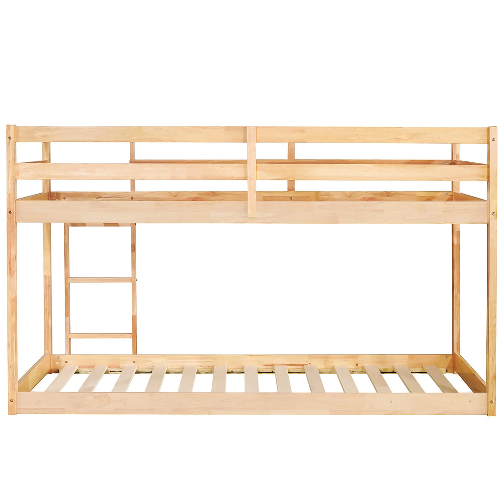 Twin Over Twin Floor Bunk Bed, UHOMEPRO Solid Wood Low Bunk Bed with Safety Rail, Ladder, Heavy Duty Bunk Beds, Space-Saving Bedroom Dorm Furniture, Gray