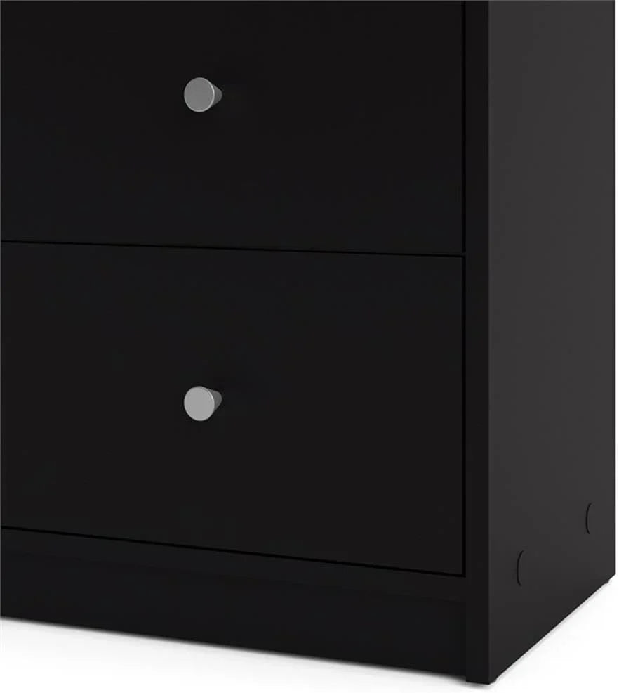3-Pc Scandinavian Design Engineered Wood Bedroom Furniture Set with 3-Drawer Chest & 6-Drawer Double Dresser & 1-Drawer Nightstand, Pewter Plastic Handles, Smooth Plastic Glides, in Black