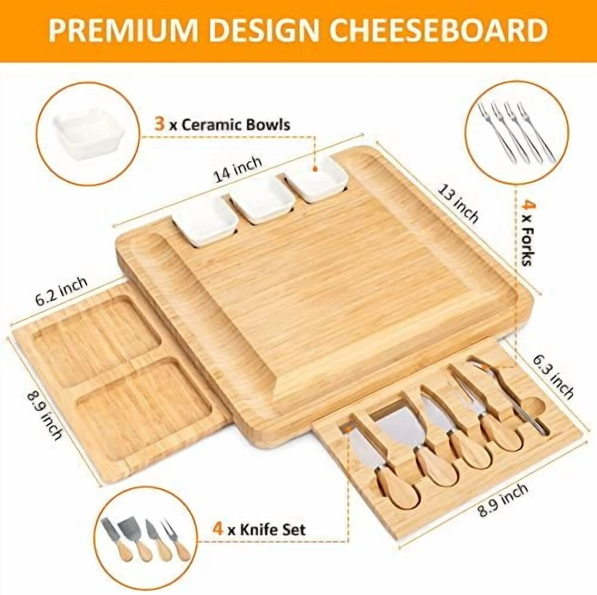 Charcuterie Board Set - Cheese Board with 2 Drawers, Bamboo Cheese Tray Serving Board - Unique Mothers Day Gifts, Wedding, Housewarming, Birthday Gifts