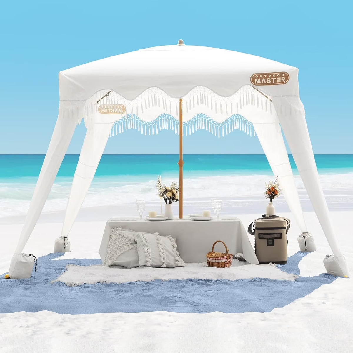 OutdoorMaster Beach Cabana with Fringe, Portable 6' x 6' Beach Canopy, Easy Set Up Beach Shelter, Included Side Wall, UPF 50+ UV Protection Sun Umbrella - for Kids, Family & Friends