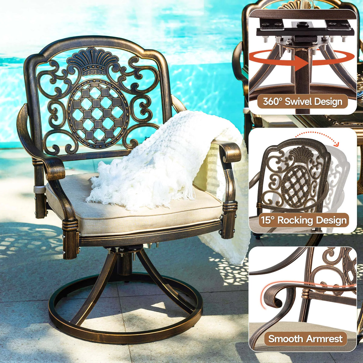 7-Piece Patio Furniture Dining Set, All-Weather Cast Aluminum Outdoor Table and Chairs for 6, Includes 4 Dining Chair & 2 Swivel Chairs & 60���� Rectangular Table, Beige