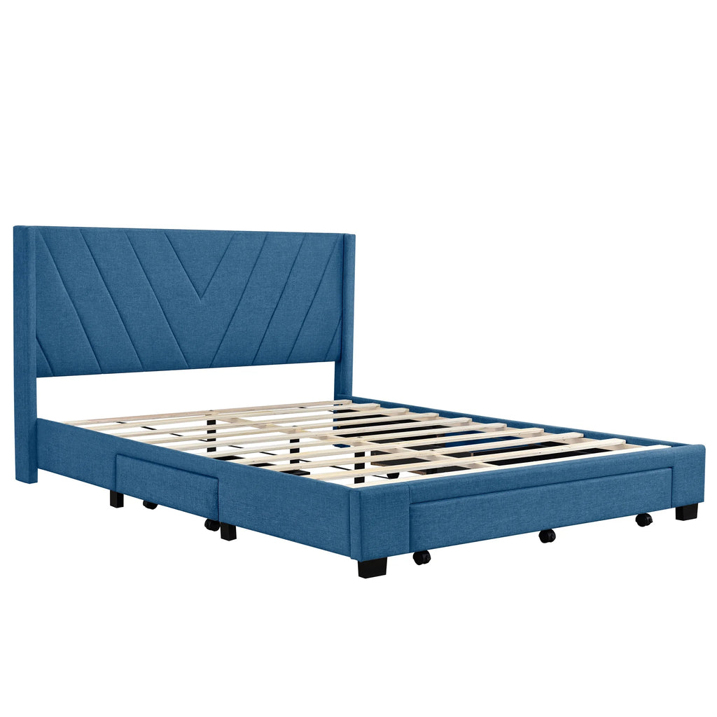 Sesslife Queen Bed Frame with Storage, New Upgraded Linen Upholstered Platform Bed with 3 Drawers, Queen Size Storage Bed with Headboard and Wooden Slats, No Box Spring Needed, Holds 500lbs, Beige