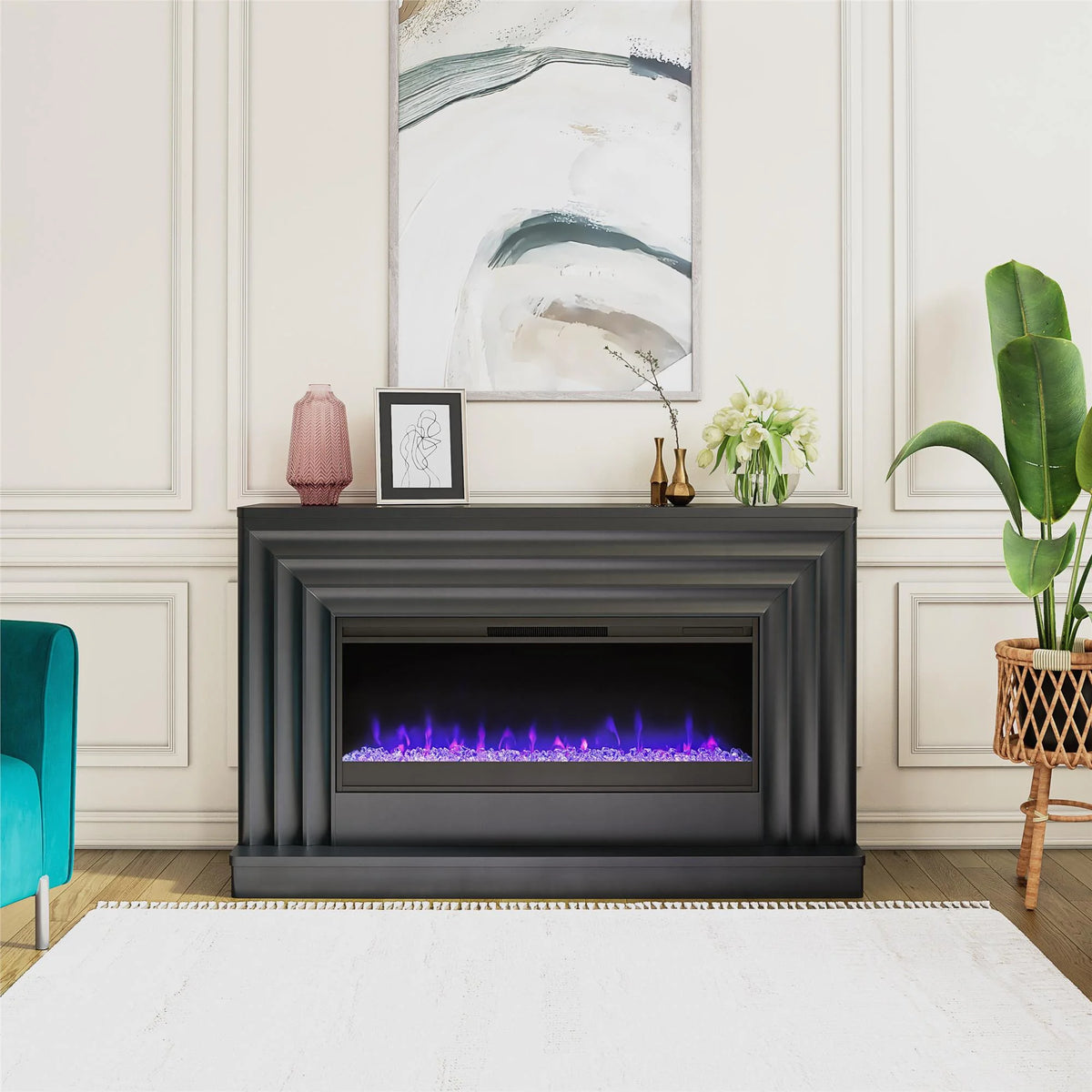 CosmoLiving by Cosmopolitan Rene Electric Fireplace Mantel 65" TV Stand with Multi-Color Flame and Crystal Ember Bed, Black