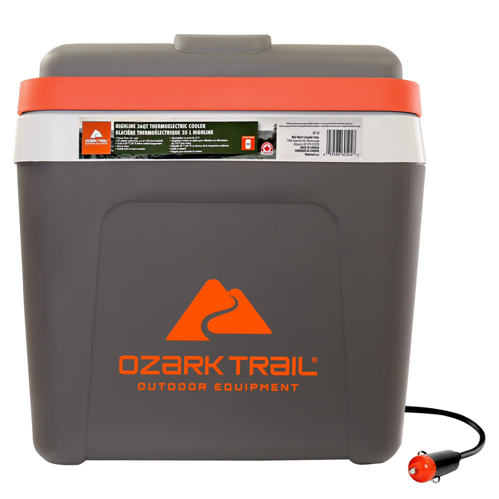 Ozark Trail 26QT electric Cooler 12V Portable Travel Beach Camping Picnic Insulated Cooler 30 Cans Iceless 24L, Grey