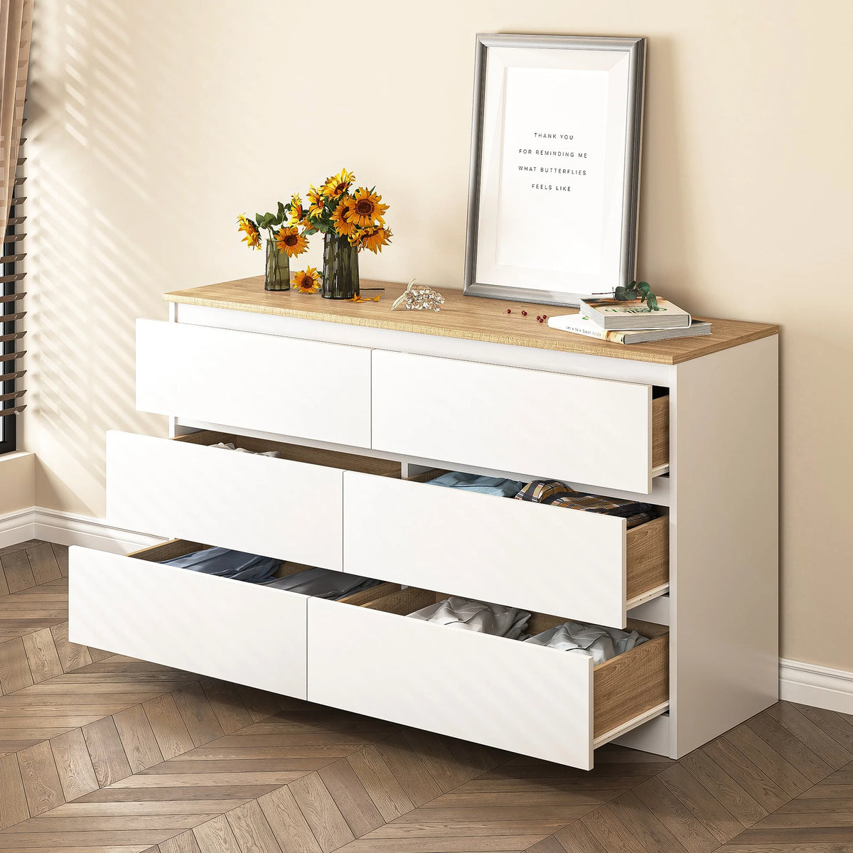 Resenkos Modern Mid Century 6 Drawer Wide Dressers Chests for Bedroom, Chest of Drawer Organizer Grey