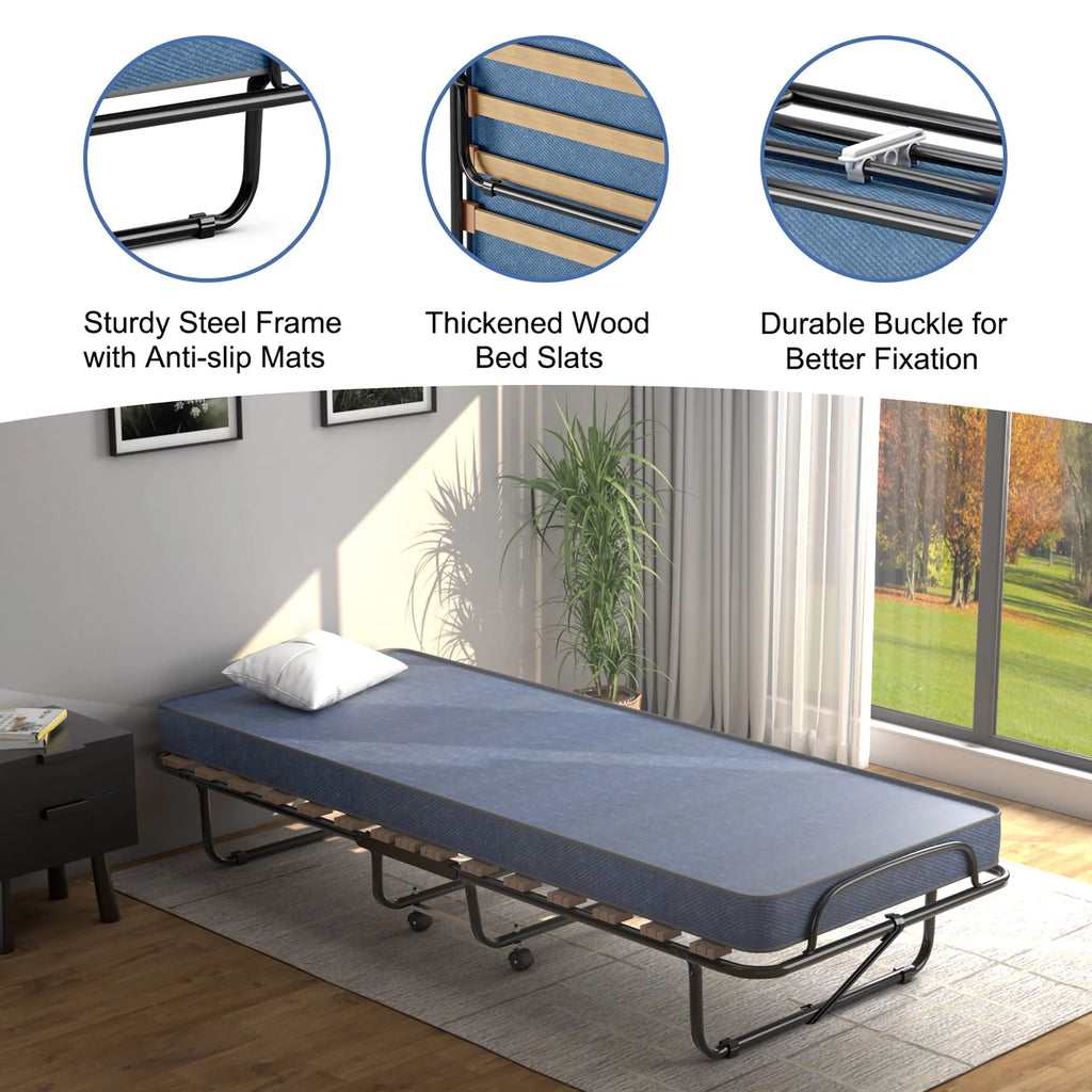 Costway Portable Folding Bed with Memory Foam Mattress Rollaway Cot  Navy Made in Italy