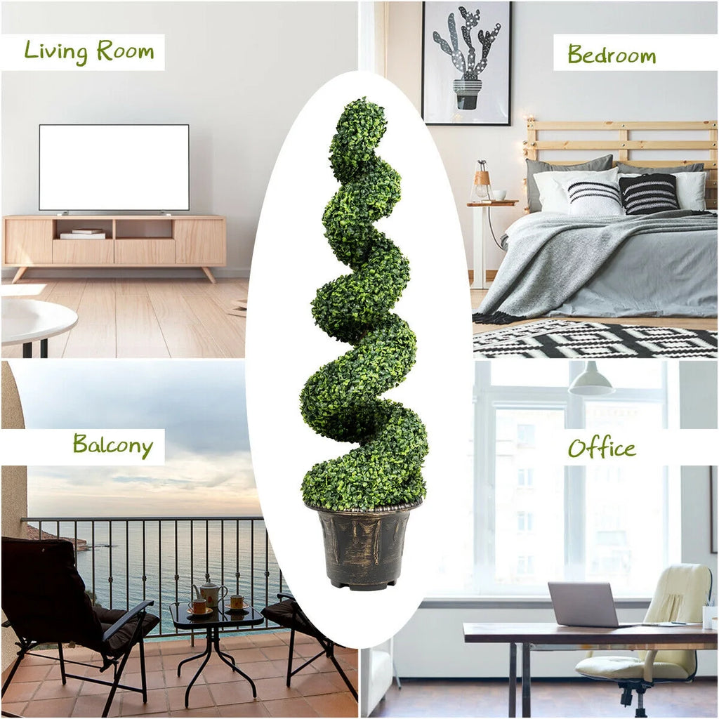 Gymax 2Pcs 4FT Artificial Boxwood Spiral Tree W/Realistic Leaves Indoor Outdoor Office