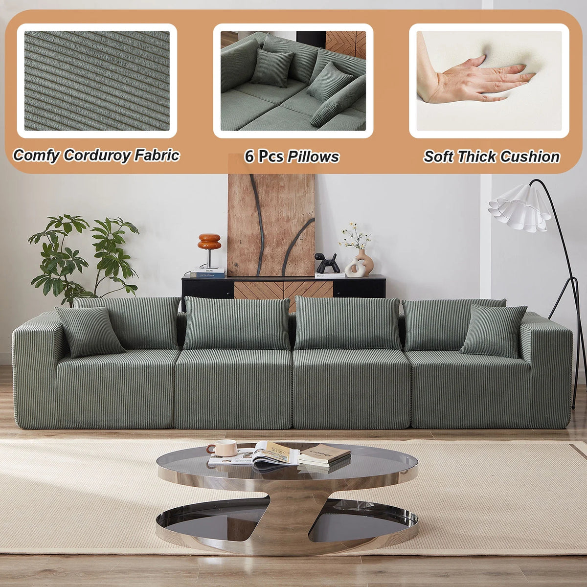104-Inch Corduroy Modular L Shaped Sectional Sofa,Luxury Floor Couch Set,Upholstered Indoor Furniture,Foam-Filled Compressed Sofa for Living Room,Bedroom,4 PC Free Combination  ?