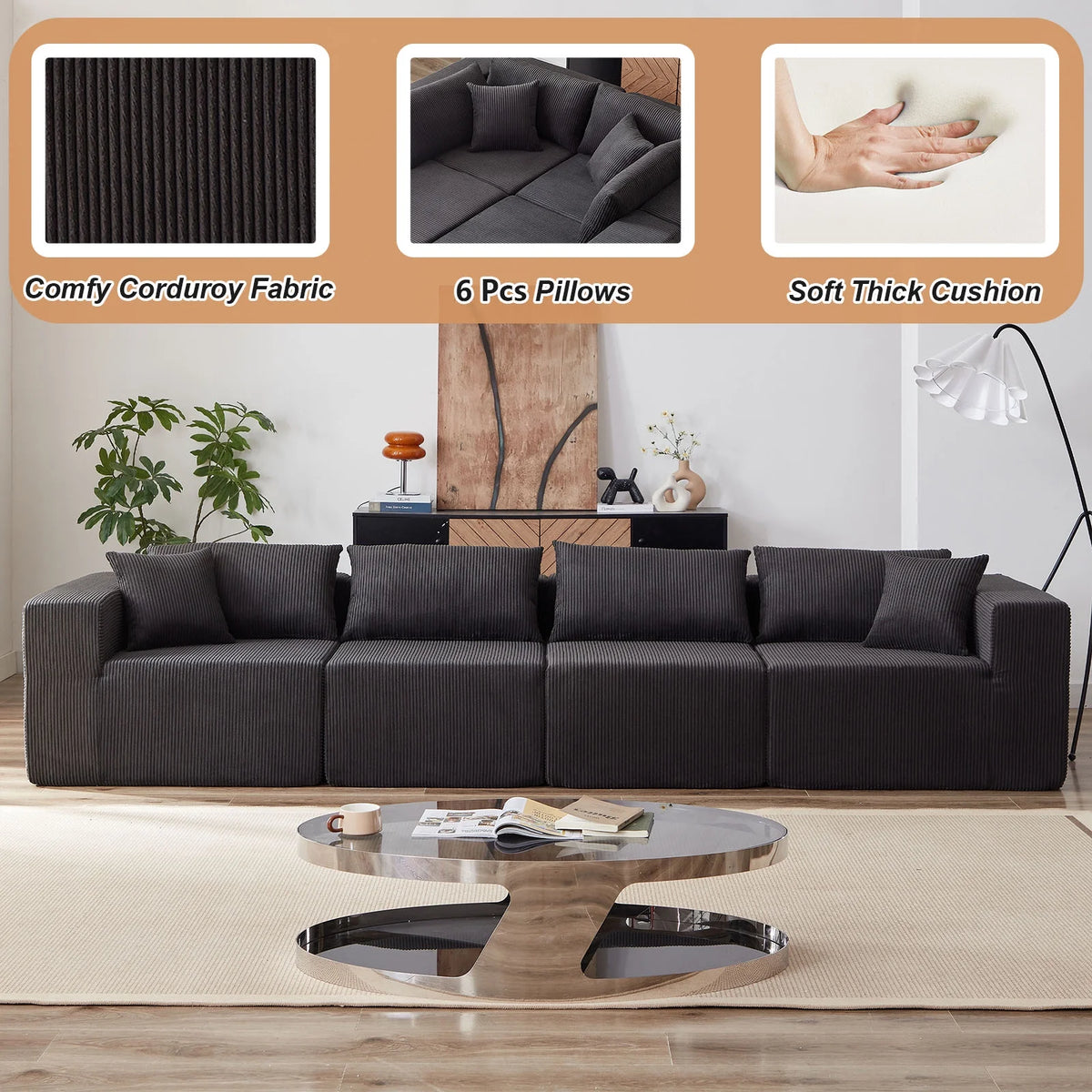 104-Inch Corduroy Modular L Shaped Sectional Sofa,Luxury Floor Couch Set,Upholstered Indoor Furniture,Foam-Filled Compressed Sofa for Living Room,Bedroom,4 PC Free Combination  ?