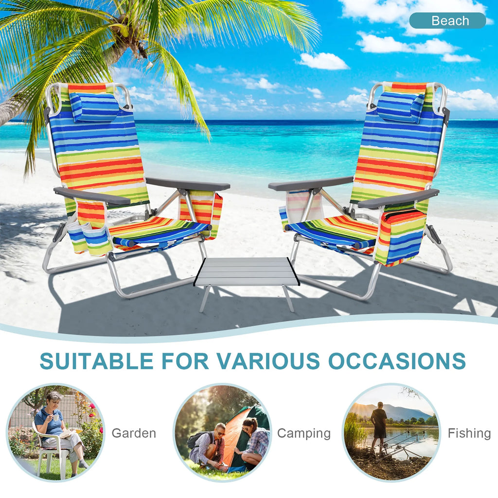 Costway 2-Pack Folding Backpack Beach Chair Table Set 5-Position Outdoor Reclining Chair Pink