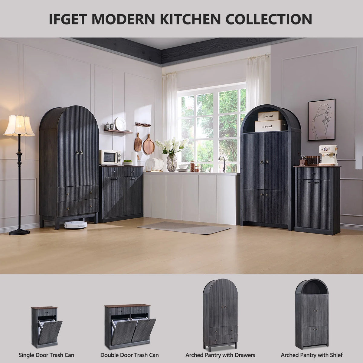 SinCiDo Arched Kitchen Pantry Storage Cabinet, 71-Inch Tall Wood Adjustable Shelves, 2 Doors, 2 Drawers