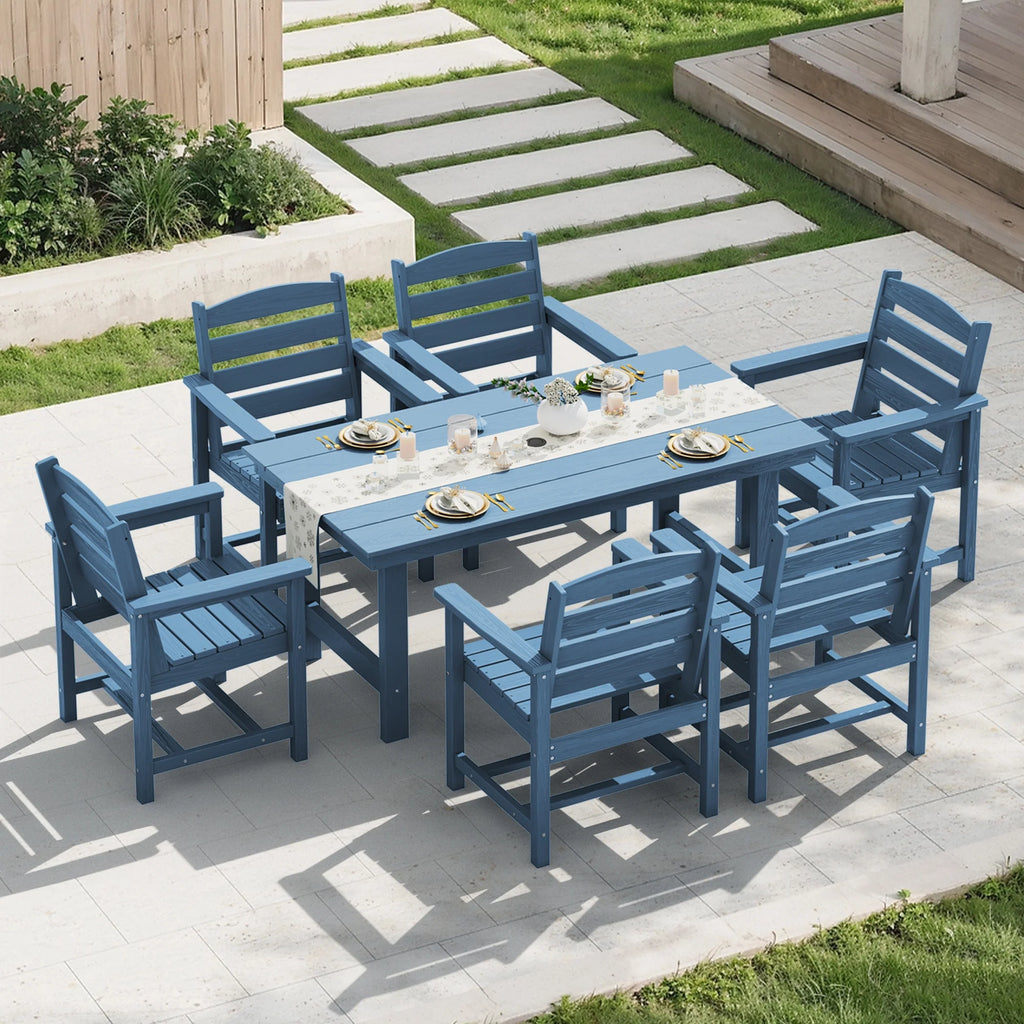 KINGYES 7-Piece Outdoor Dining Set, HDPE Patio Table and Chairs with Umbrella Hole, Gray