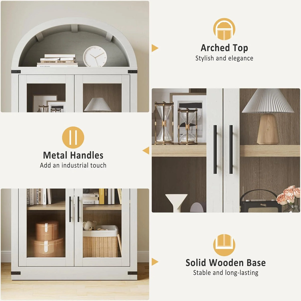 Arched Cabinet Tall Kitchen Pantry, Farmhouse Storage Cabinet Arch Hutch Cabinet, Large Bookshelf with Doors, Arched Bookcase with Cabinet, 5 Tier Kitchen Cabinet for Dining Room