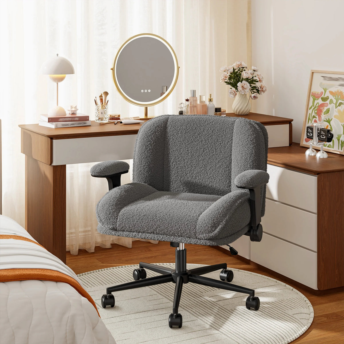 Romorgniz Criss Cross Chair with Adjustable Arms & Lumbar Support Office Chair with Reclining Back, Thick Cushion & Wheels for Office, Gaming, Reading, Vanity, Off-White