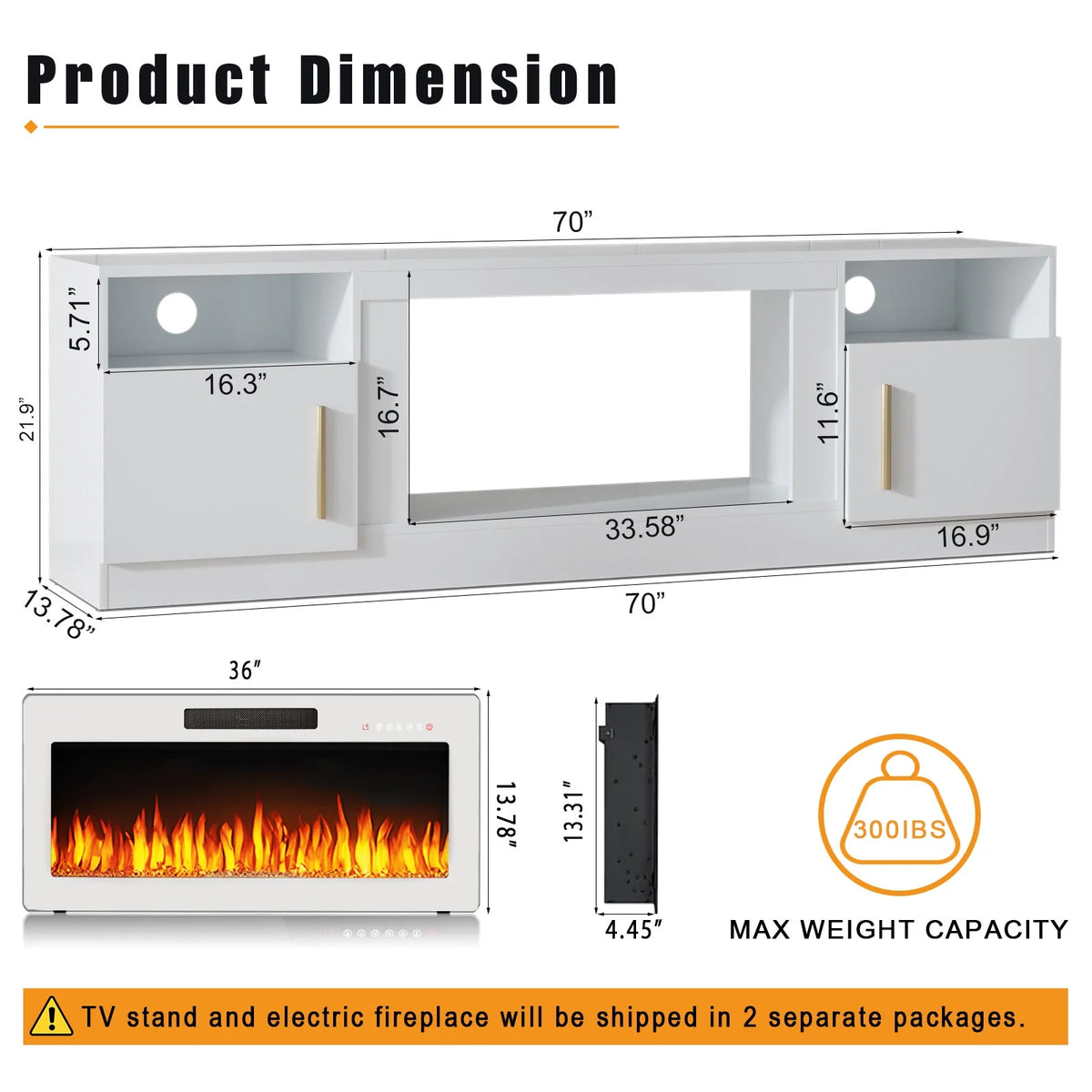 Waleaf Fireplace TV Stand with 18'' Fireplace for TVs up to 65 inch, Two Adjustable Glass Shelves
