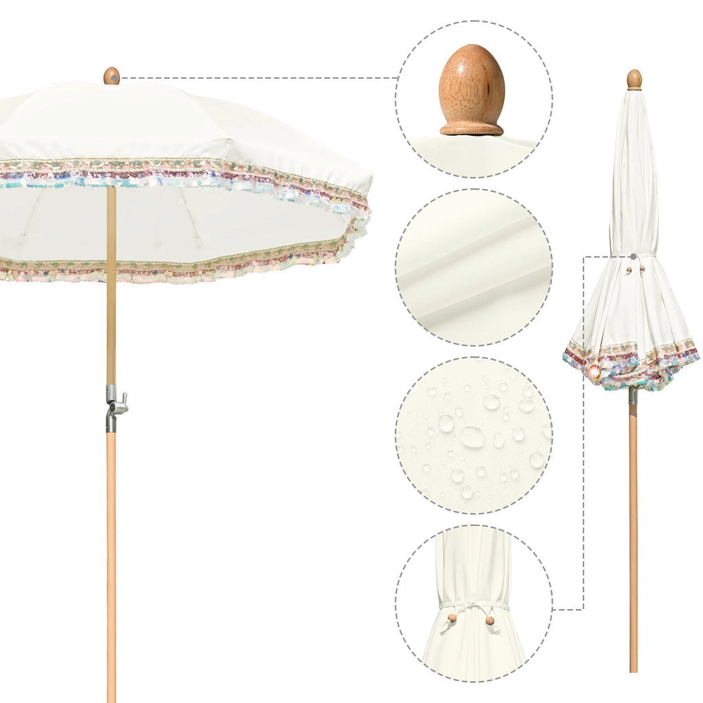 LAGarden 6 Ft Fringe Patio Umbrella with Tassel Jazz Age Wood UPF50+ for Outdoor, Beige with gold tassel,Model: JZ6-01