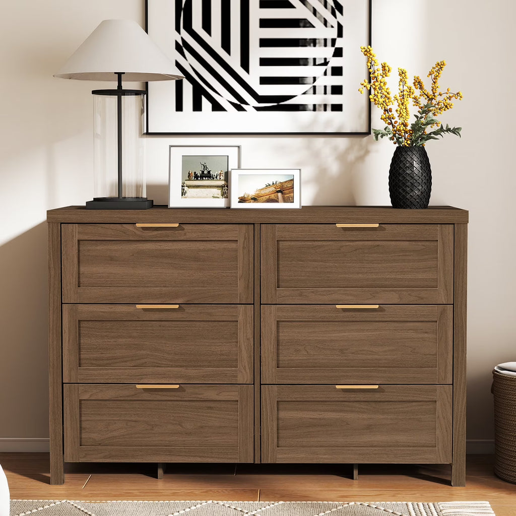 ARKANTOS Wooden 6 Drawer Double Dressers, Wide Chests of Drawers for Bedroom, Natural Oak