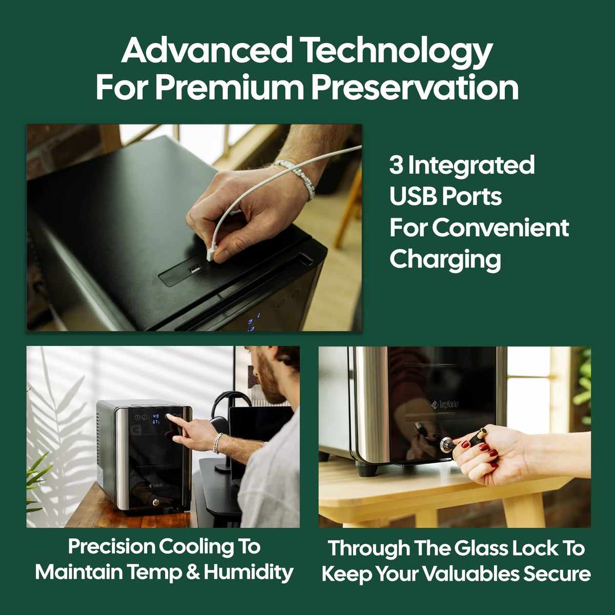 Essential Cooler - Mini Fridge with Temp & Humidity Control, 3 USB Ports, Smoked Glass Shelves, Lockable UV Glass Door for Cosmetics, Skin Care, Medicine, Herbs, and More