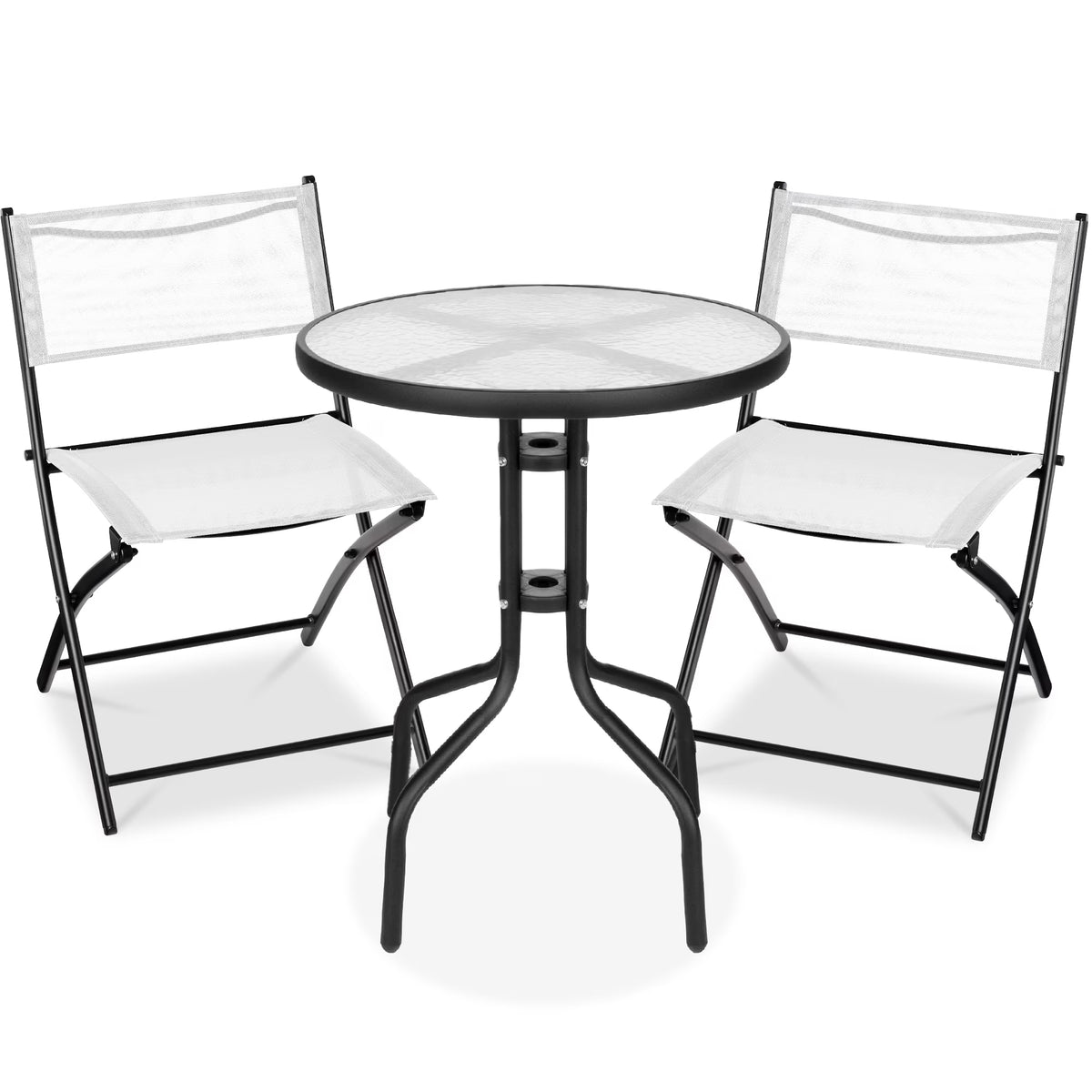 Best Choice Products 3-Piece Patio Bistro Dining Furniture Set w/ Glass Tabletop, Folding Chairs - Gray