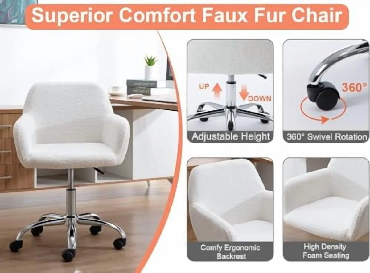 Modern Faux Fur Home Office Chair Height Adjustable, White Desk Chair Vanity Chair for Makeup Room, Rolling Desk Chairs with Wheels, Swivel Furry Cute Desk Chair for Teen Girls Women