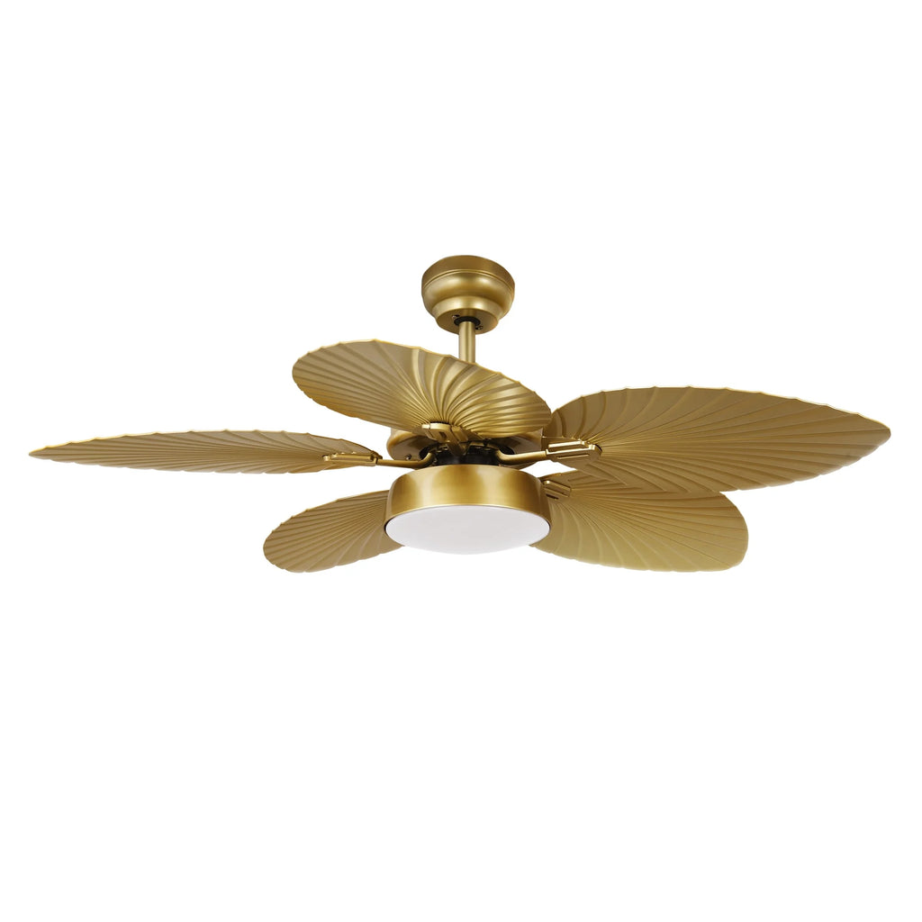 ModFusion 52" Gold Tropical Ceiling Fan with LED Light & Remote �C Palm Leaf Blades, Quiet Reversible DC Motor Indoor/Outdoor
