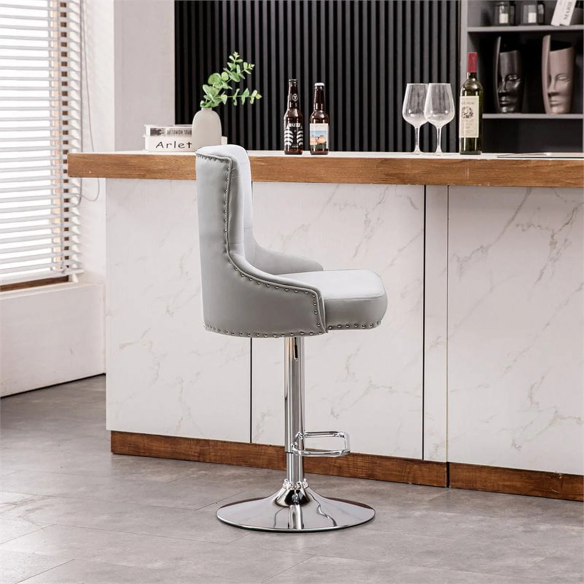 Alexent  2PCS Swivel Bar Stools, High Back, Button Tufted, Silver Footrest and Nailhead Trim Swivel Bar Chairs for Kitchen, Bar Velvet Upholstered Bar Stools, Dark Blue