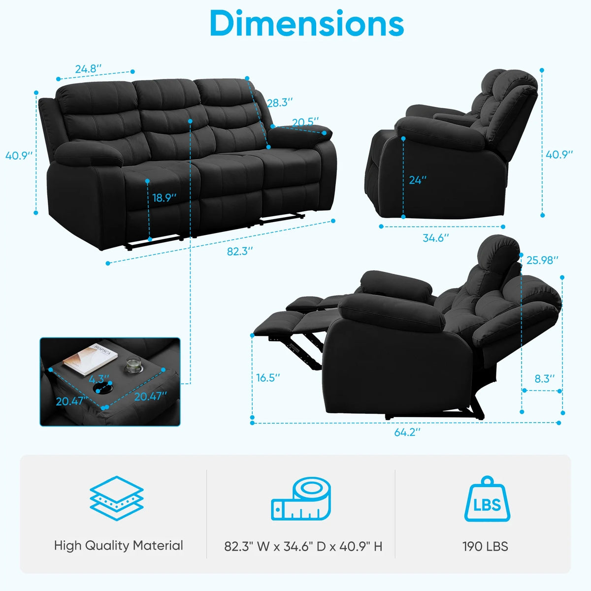 MUZZ Modern Reclining Sofa ,3-Seater Recliner Sofa with Cup Holders, Flip-Up Storage, Reversible Backrest and Footrest, Gray
