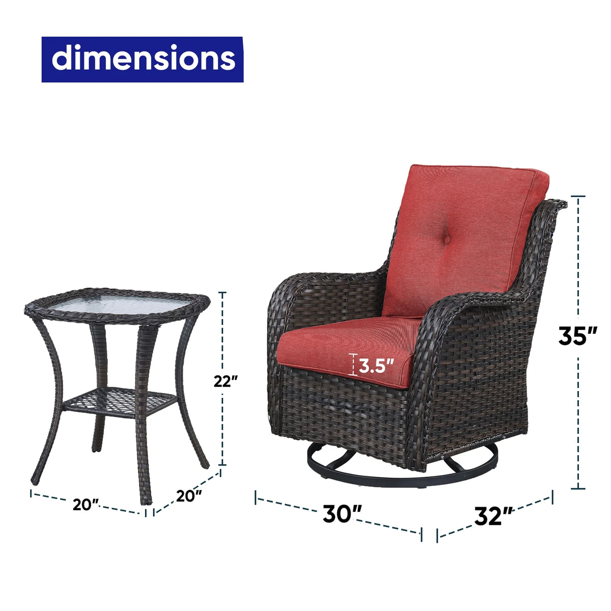 POCASSY 3 Piece Patio Set Outdoor Wicker Glider Rocking and Swivel Chairs with Cushions