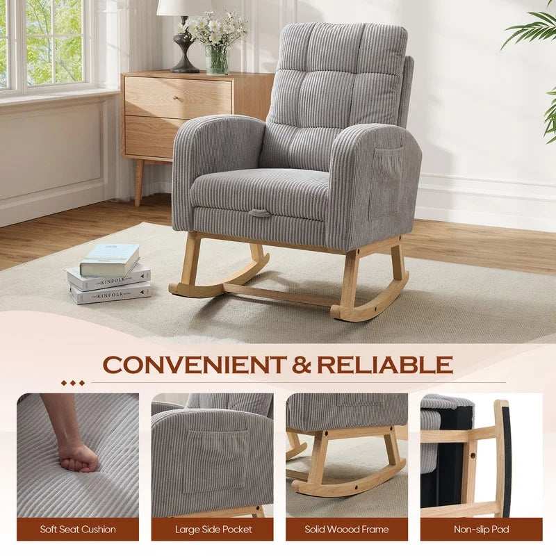 FFH Rocking Chair Nursery, Tufted Accent Rocker Chair, Upholstered Armchair with Adjustable Footrest, Side Pocket, High Backrest, Padded Seat, Polyester Blend (Retro, Dark Gray)