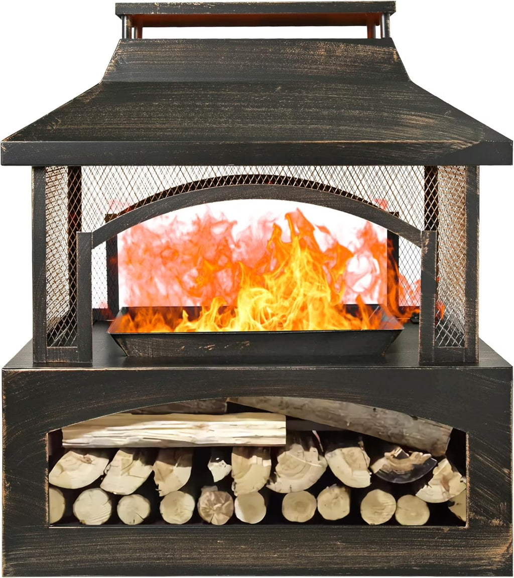 Large Outdoor Wood Burning Fireplace, house shape Outdoor Log Burner Fire Pit with Log Grate and Poker, 37" x 32" x 18" Large Metal Firepit for Patio Garden Backyard, Black