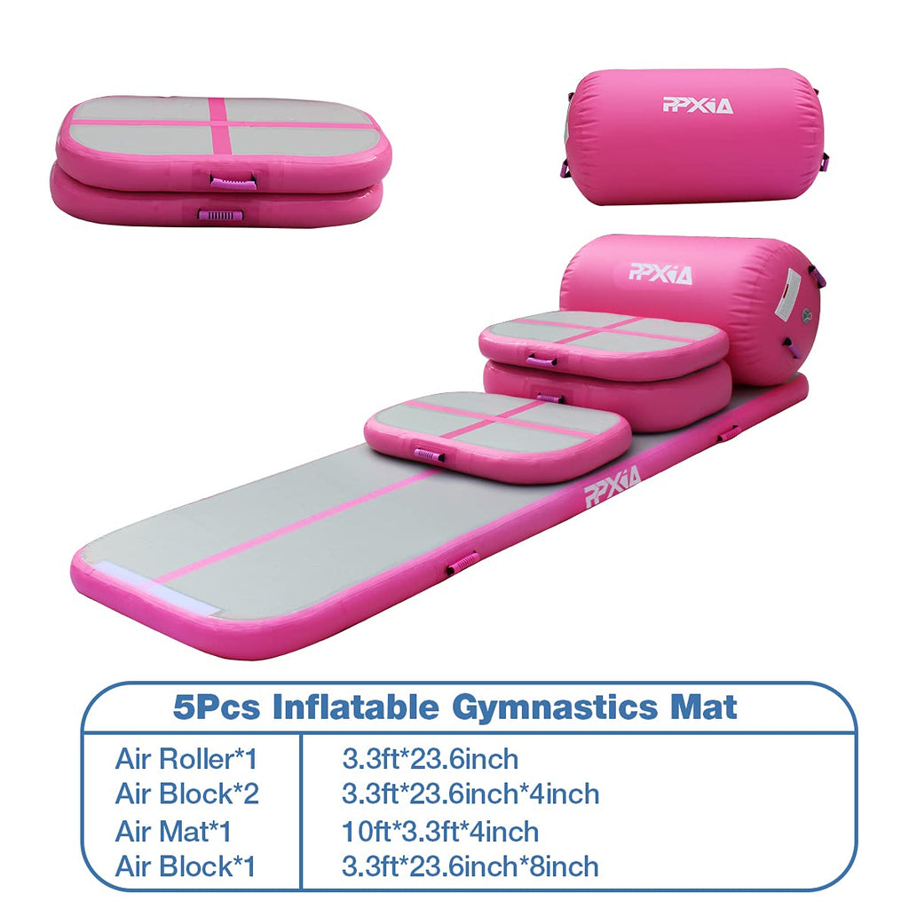Gymnastics Mat Set 10FT Inflatable Tumbling Mat, 39*24 inch Air Roller Gymnastics Barrel and 3 Air Block with 800W Air Pump for Training Cheerleading Home Use Yoga and Water Use