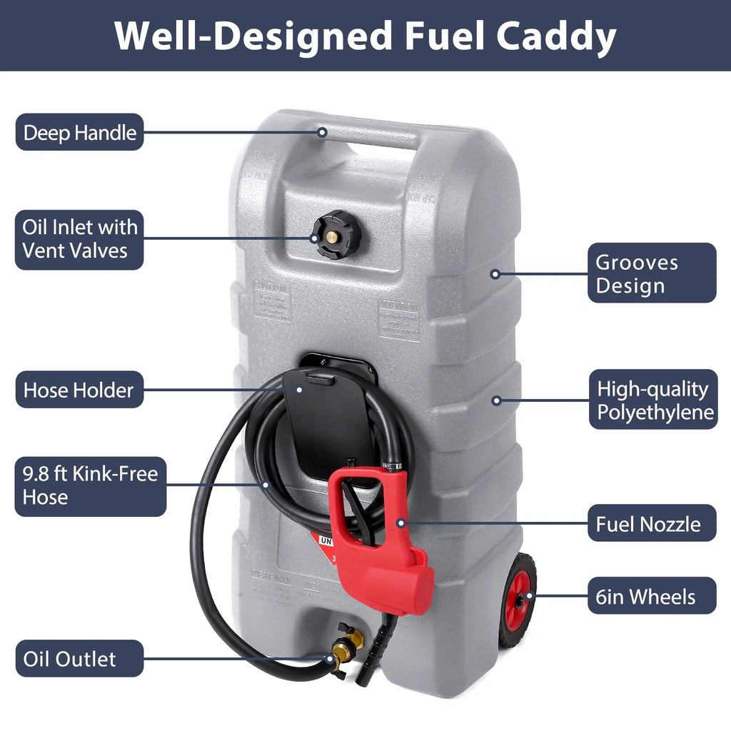 15 Gallon Fuel Caddy, Portable Gas Fuel Tank Container with LE Fluid Transfer Siphon Pump and 10ft. Delivery Hose, Diesel Storage Can On-Wheels for Cars, Lawn Mowers, ATVs, Boats, Gray