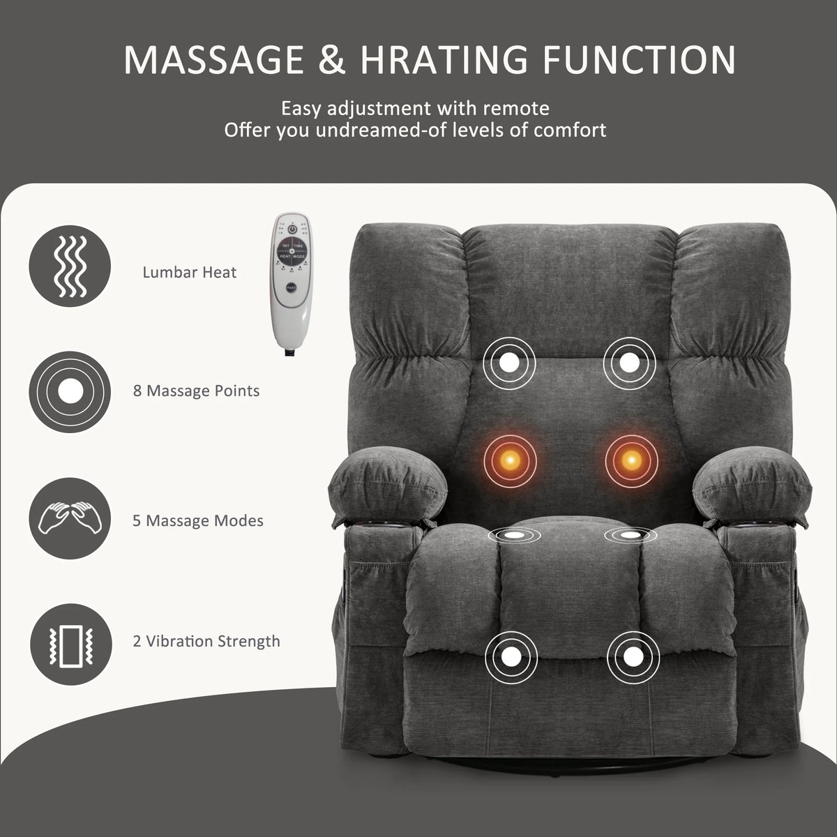 JONPONY Manual Recliner Chair with Heat Therapy and Massage Function, Heavy Duty Reclining Mechanism Massage Chair, Elderly Single Rocker Sofa with Cup Holders for Bedroom Home Theater,Grey