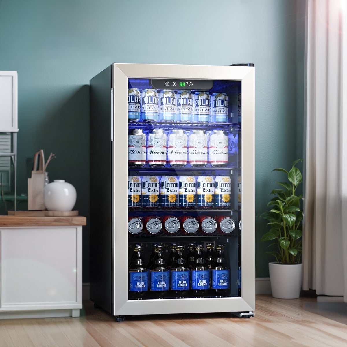 Qunler 130 Can Beverage Cooler Refrigerator with Glass Door for Beer Soda Water, Drink Fridge for Home Bar, Silver