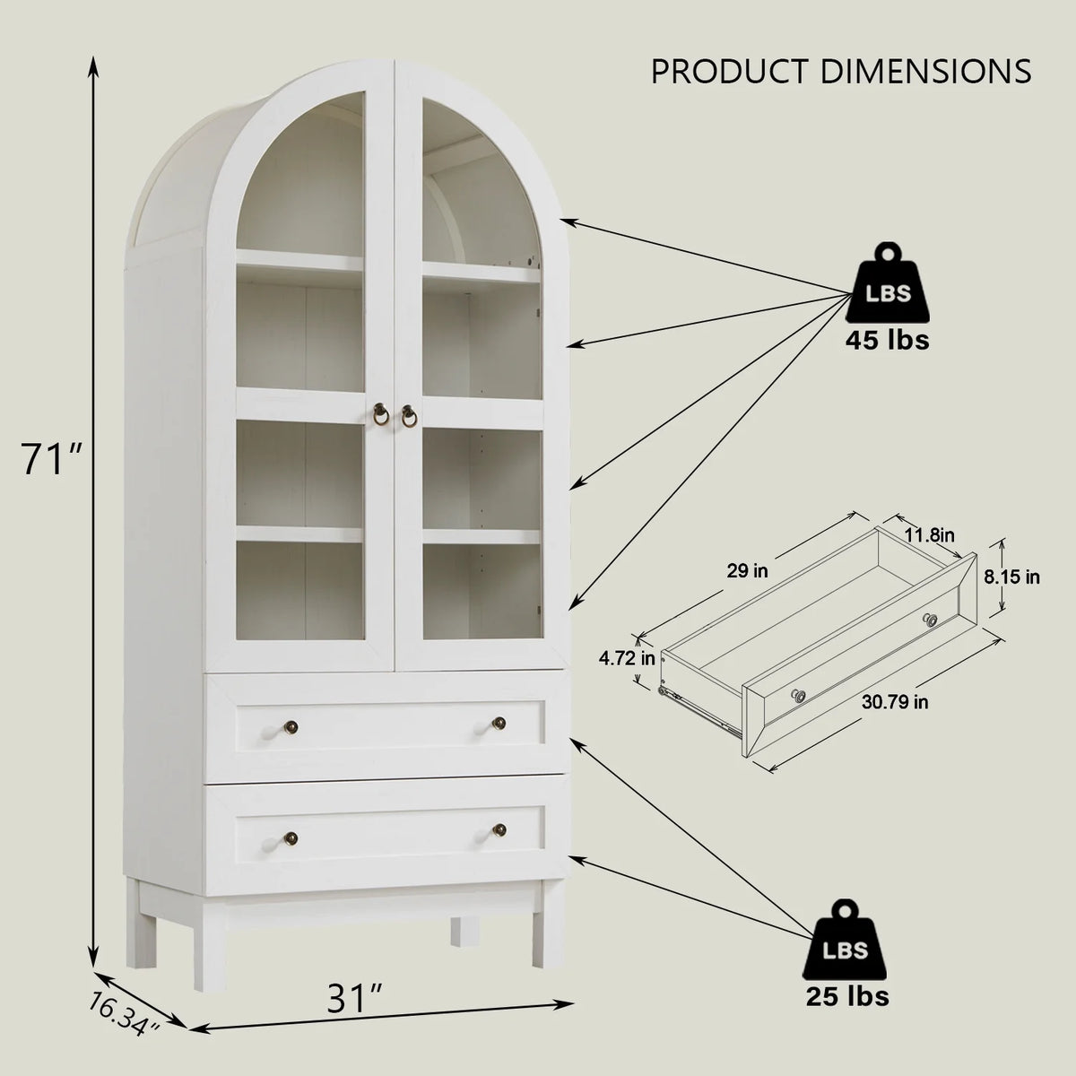 SinCiDo Arched Kitchen Pantry Storage Cabinet, 71-Inch Tall Wood Adjustable Shelves, 2 Doors, 2 Drawers