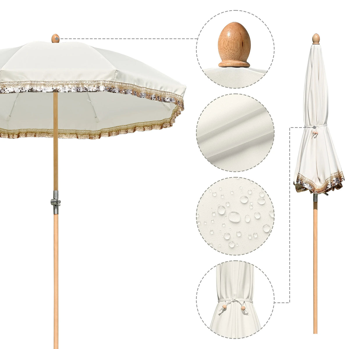 LAGarden 6 Ft Fringe Patio Umbrella with Tassel Jazz Age Wood UPF50+ for Outdoor, Beige with gold tassel,Model: JZ6-01