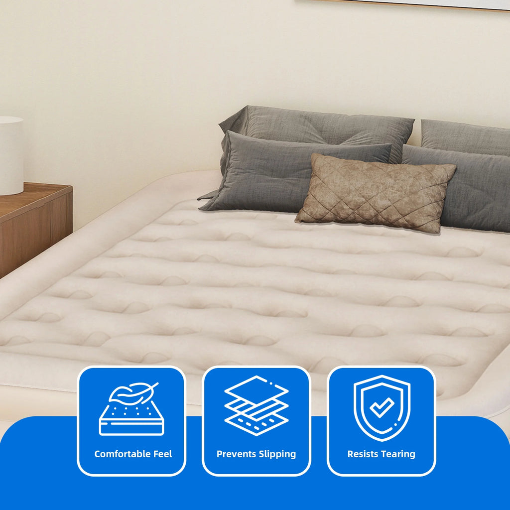 Dextrus Inflatable Queen Air Mattress with Built-in Pump, Frame, Velvet Surface & Portable Storage Case, Khaki