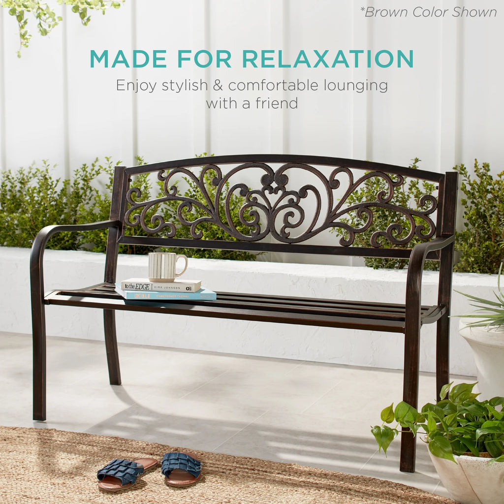 Best Choice Products Outdoor Steel Bench Garden Patio Porch Furniture w/ Floral Design Backrest - Black