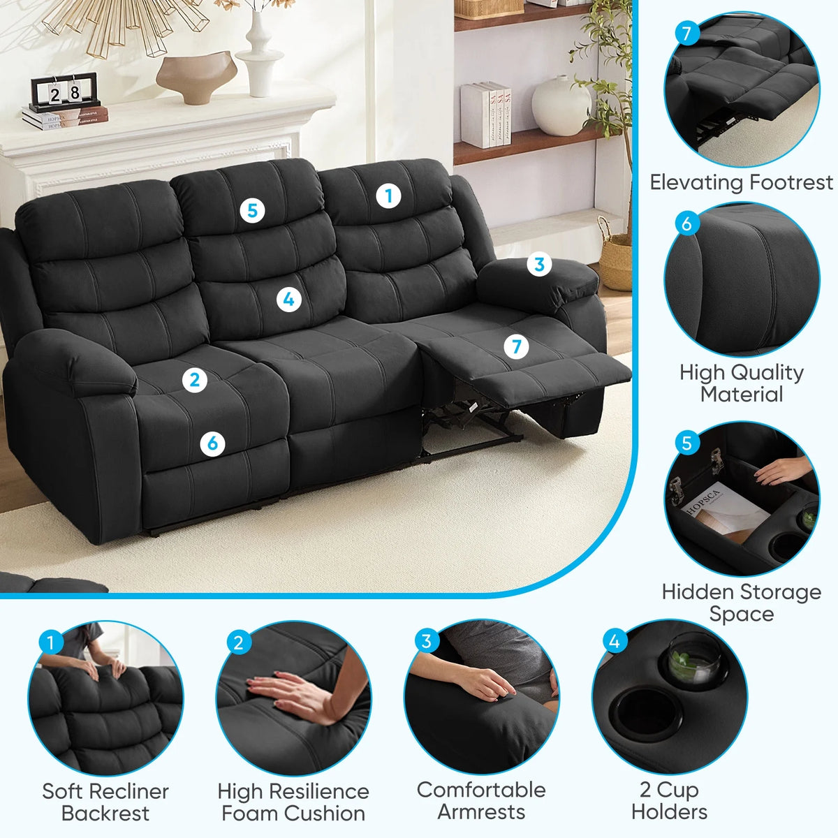 MUZZ Modern Reclining Sofa ,3-Seater Recliner Sofa with Cup Holders, Flip-Up Storage, Reversible Backrest and Footrest, Gray