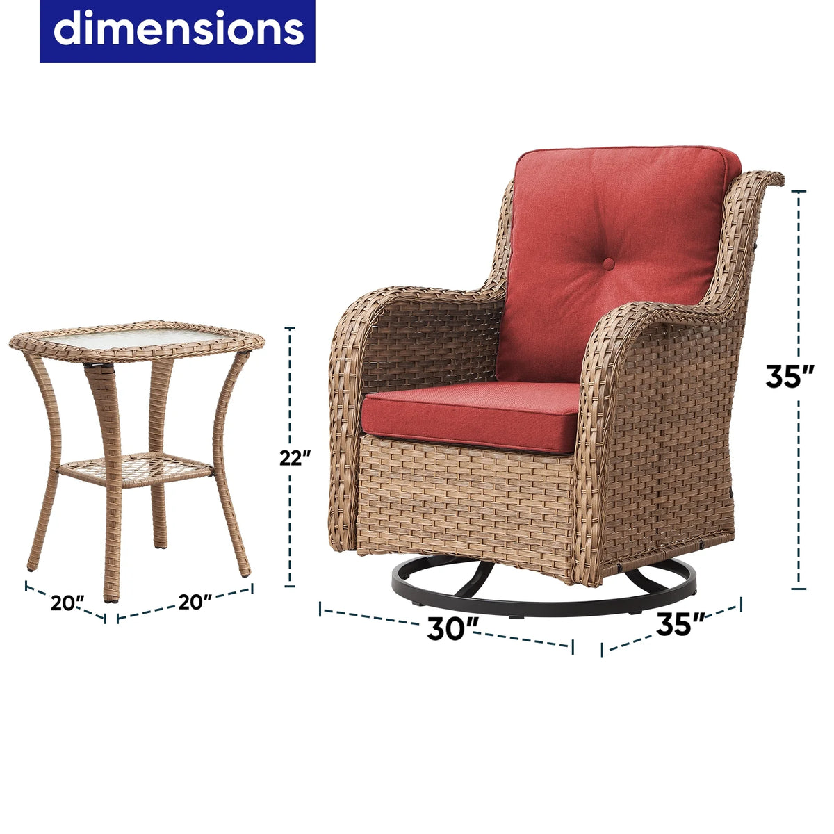 POCASSY 3 Piece Patio Set Outdoor Wicker Glider Rocking and Swivel Chairs with Cushions