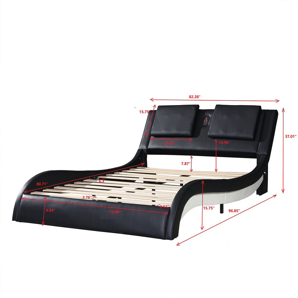 OYang King Size Platform Bed Frame wth LED Light And USB Charging Ports Headboard, Wave-Like Curve Backrest Vibration Massage Upholstered Faux Leather Bed for Home