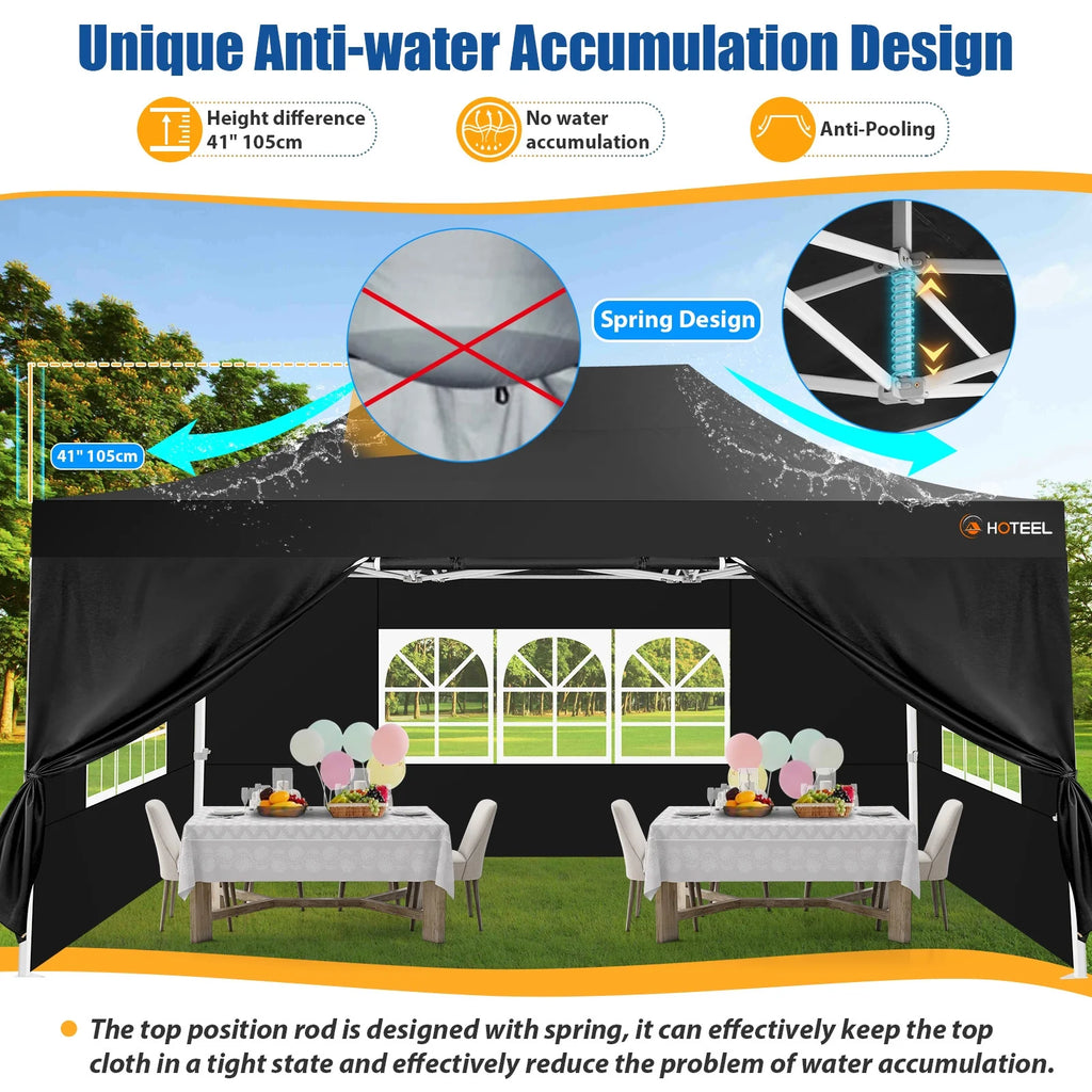 HOTEEL 10x15 Heavy Duty Canopy Tent - Commercial Pop Up with UV50+, Thick Hexagonal Frame, 4 Sidewalls, Anti-Pooling Design & Roller Bag (Black)